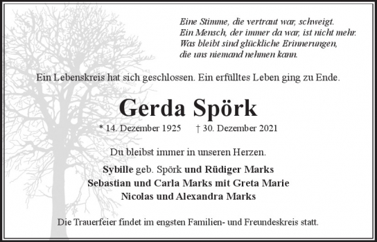 Traueranzeige von Gerda Spörk  von Hamburger Tageszeitungen und Anzeigenblättern der FUNKE Mediengruppe