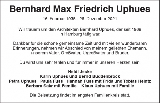 Traueranzeige von Bernhard Max Friedrich Uphues  von Hamburger Tageszeitungen und Anzeigenblättern der FUNKE Mediengruppe