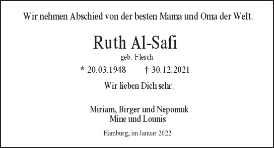 Traueranzeige von Ruth  Al-Safi  von Hamburger Tageszeitungen und Anzeigenblättern der FUNKE Mediengruppe