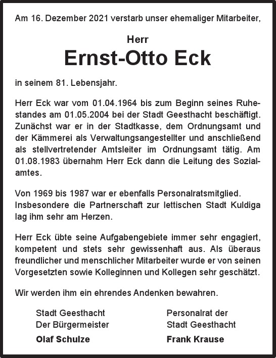 Traueranzeige von Ernst-Otto Eck  von Hamburger Tageszeitungen und Anzeigenblättern der FUNKE Mediengruppe
