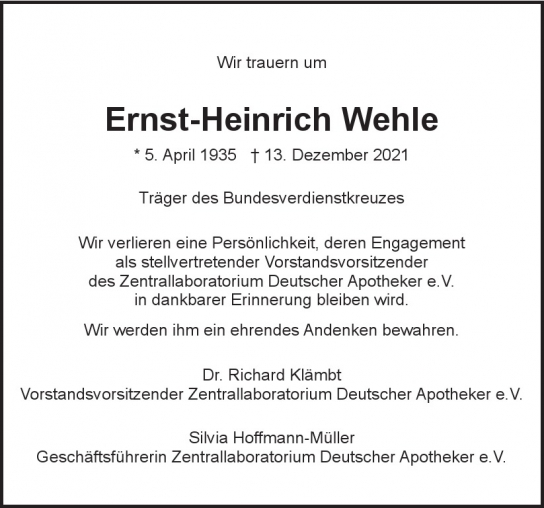 Traueranzeige von Ernst-Heinrich Wehle  von Hamburger Tageszeitungen und Anzeigenblättern der FUNKE Mediengruppe