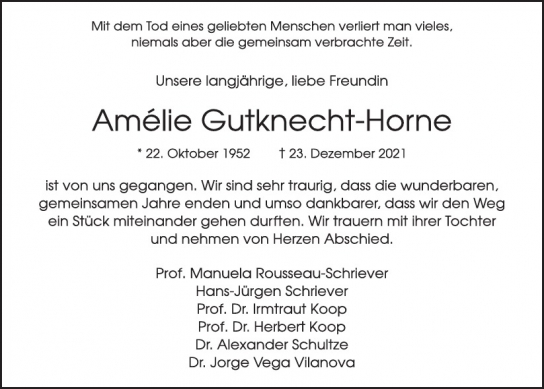 Traueranzeige von Amélie  Gutknecht-Horne  von Hamburger Tageszeitungen und Anzeigenblättern der FUNKE Mediengruppe