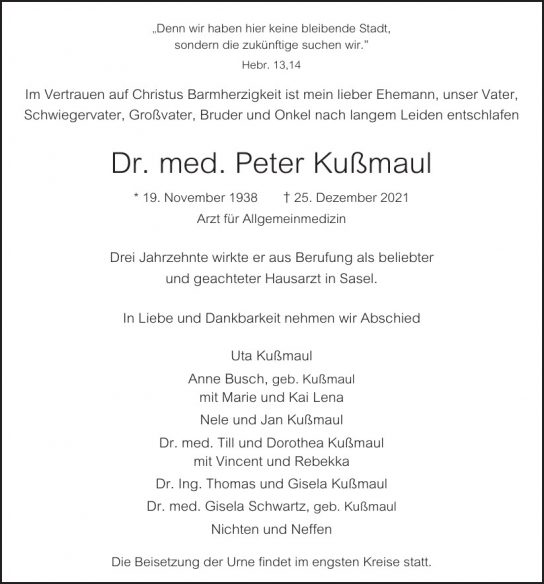 Traueranzeige von Peter Kußmaul  von Hamburger Tageszeitungen und Anzeigenblättern der FUNKE Mediengruppe