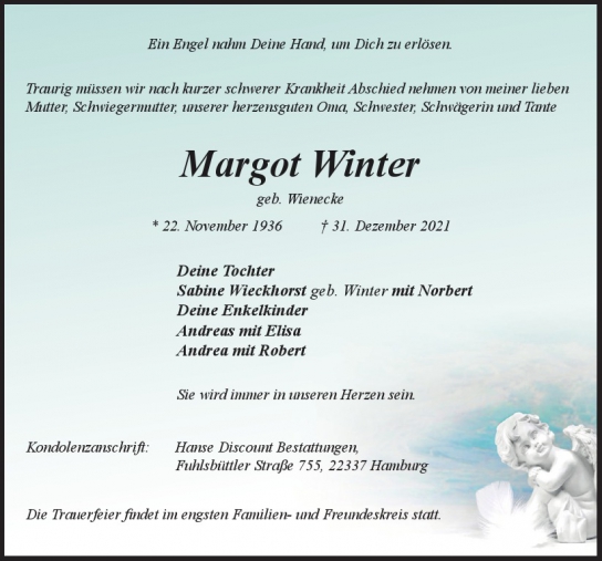 Traueranzeige von Margot Winter  von Hamburger Tageszeitungen und Anzeigenblättern der FUNKE Mediengruppe