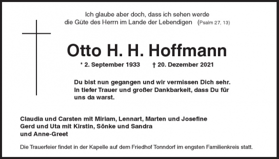 Traueranzeige von Otto H. H. Hoffmann  von Hamburger Tageszeitungen und Anzeigenblättern der FUNKE Mediengruppe