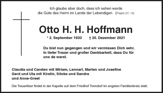 Traueranzeige von Otto H. H. Hoffmann  von Hamburger Tageszeitungen und Anzeigenblättern der FUNKE Mediengruppe