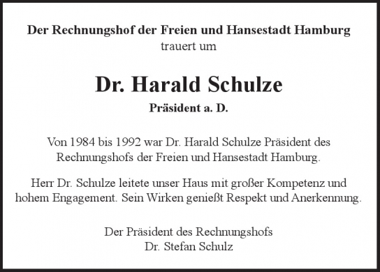 Traueranzeige von Harald Schulze  von Hamburger Tageszeitungen und Anzeigenblättern der FUNKE Mediengruppe