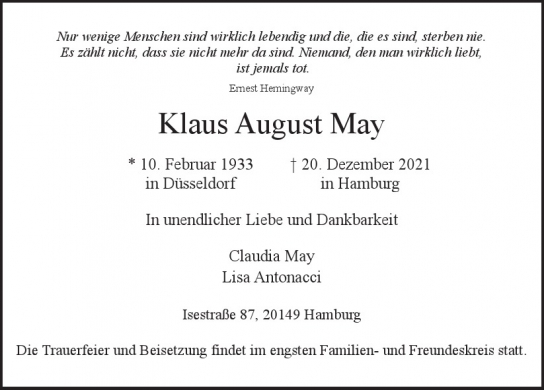 Traueranzeige von Klaus August May  von Hamburger Tageszeitungen und Anzeigenblättern der FUNKE Mediengruppe