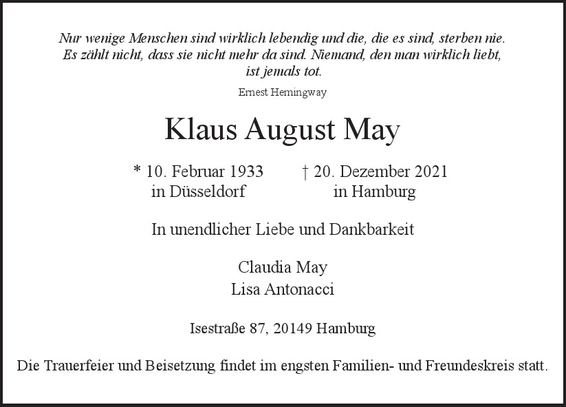  Traueranzeige für Klaus August May  vom 08.01.2022 aus Hamburger Tageszeitungen und Anzeigenblättern der FUNKE Mediengruppe