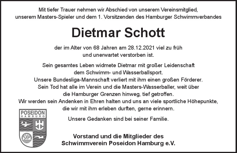  Traueranzeige für Dietmar Schott  vom 08.01.2022 aus Hamburger Tageszeitungen und Anzeigenblättern der FUNKE Mediengruppe