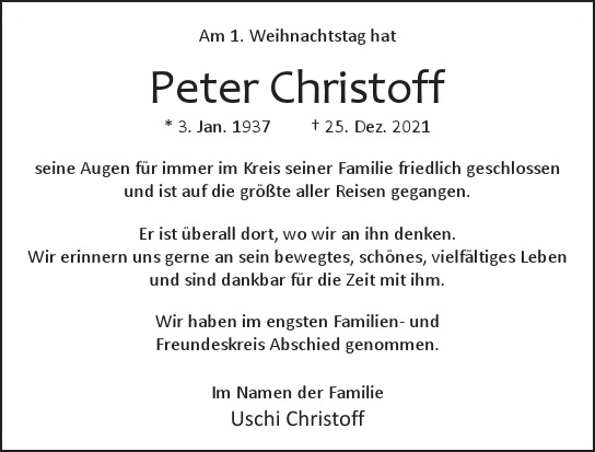 Traueranzeige von Peter  Christoff  von Hamburger Tageszeitungen und Anzeigenblättern der FUNKE Mediengruppe