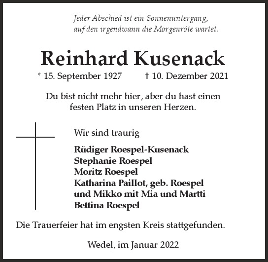 Traueranzeige von Reinhard  Kusenack  von Hamburger Tageszeitungen und Anzeigenblättern der FUNKE Mediengruppe