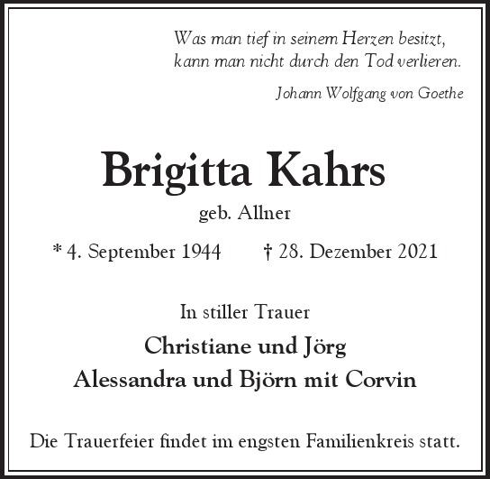 Traueranzeige von Brigitta Kahrs  von Hamburger Tageszeitungen und Anzeigenblättern der FUNKE Mediengruppe