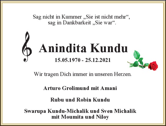 Traueranzeige von Anindita Kundu  von Hamburger Tageszeitungen und Anzeigenblättern der FUNKE Mediengruppe