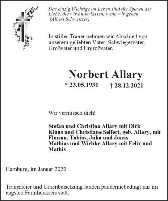Traueranzeige von Norbert Allary  von Hamburger Tageszeitungen und Anzeigenblättern der FUNKE Mediengruppe
