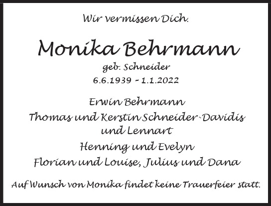 Traueranzeige von Monika Behrmann von Hamburger Tageszeitungen und Anzeigenblättern der FUNKE Mediengruppe