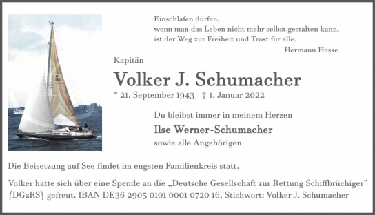 Traueranzeige von Volker J.  Schumacher  von Hamburger Tageszeitungen und Anzeigenblättern der FUNKE Mediengruppe