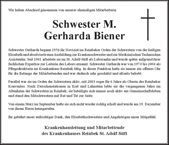 Traueranzeige von Gerharda Biener  von Hamburger Tageszeitungen und Anzeigenblättern der FUNKE Mediengruppe