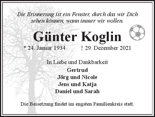 Traueranzeige von Günter  Koglin  von Hamburger Tageszeitungen und Anzeigenblättern der FUNKE Mediengruppe