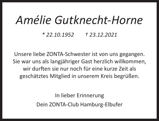 Traueranzeige von Amelie  Gutknecht-Horne von Hamburger Tageszeitungen und Anzeigenblättern der FUNKE Mediengruppe