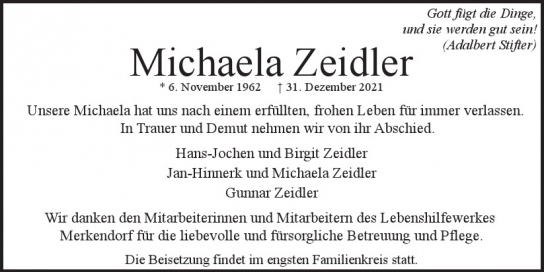 Traueranzeige von Michaela Zeidler von Hamburger Tageszeitungen und Anzeigenblättern der FUNKE Mediengruppe