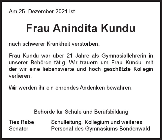 Traueranzeige von Anindita Kundu  von Hamburger Tageszeitungen und Anzeigenblättern der FUNKE Mediengruppe