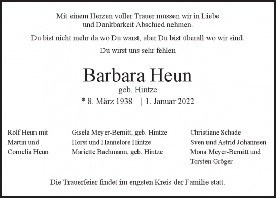 Traueranzeige von Barbara Heun  von Hamburger Tageszeitungen und Anzeigenblättern der FUNKE Mediengruppe