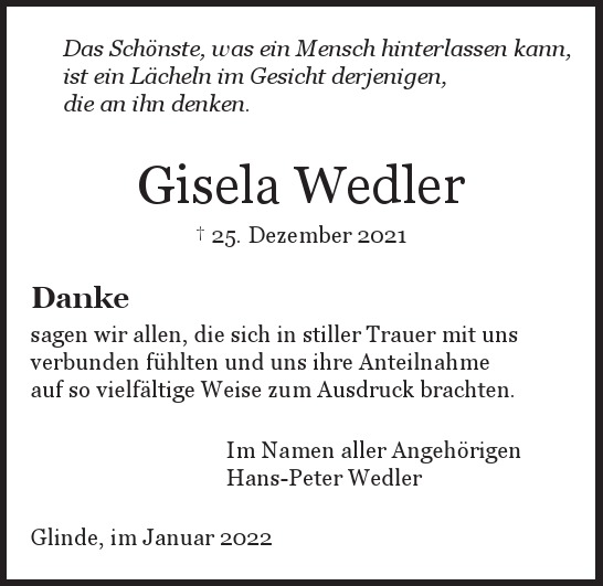 Traueranzeige von Gisela Wedler von Hamburger Tageszeitungen und Anzeigenblättern der FUNKE Mediengruppe