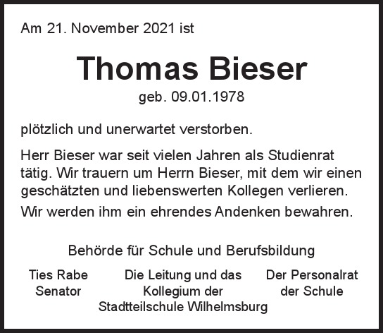 Traueranzeige von Thomas Bieser von Hamburger Tageszeitungen und Anzeigenblättern der FUNKE Mediengruppe