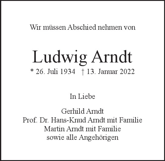 Traueranzeige von Ludwig Arndt von Hamburger Tageszeitungen und Anzeigenblättern der FUNKE Mediengruppe