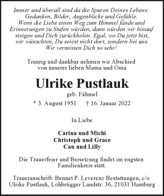  Traueranzeige für Ulrike Pustlauk vom 22.01.2022 aus Hamburger Tageszeitungen und Anzeigenblättern der FUNKE Mediengruppe