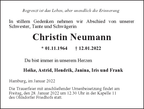 Traueranzeige von Christin Neumann von Hamburger Tageszeitungen und Anzeigenblättern der FUNKE Mediengruppe