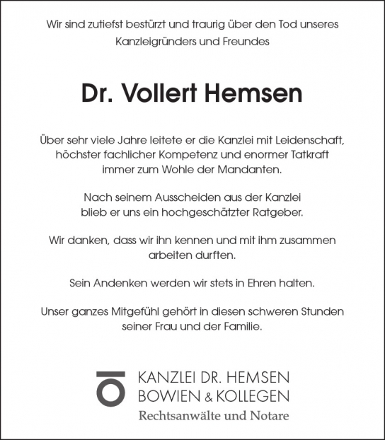 Traueranzeige von Vollert Hemsen von Hamburger Tageszeitungen und Anzeigenblättern der FUNKE Mediengruppe