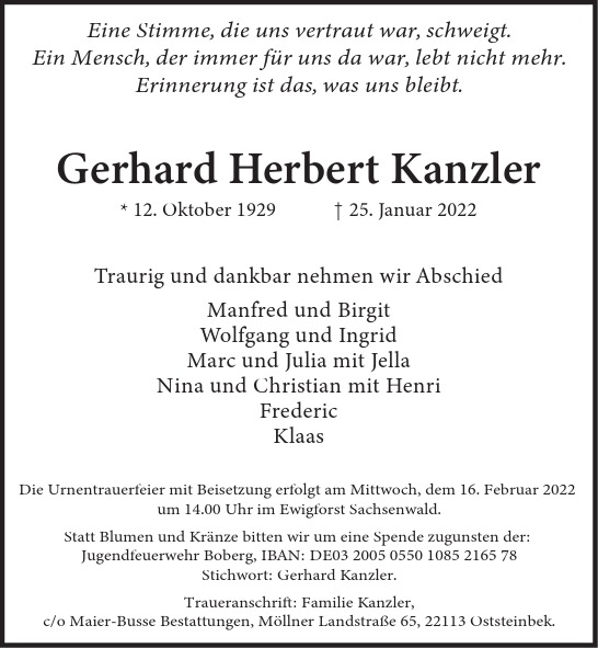 Traueranzeige von Gerhard Herbert  Kanzler  von Hamburger Tageszeitungen und Anzeigenblättern der FUNKE Mediengruppe
