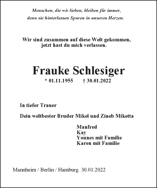 Traueranzeige von Frauke Schlesiger von Hamburger Tageszeitungen und Anzeigenblättern der FUNKE Mediengruppe