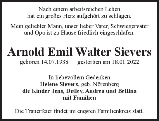 Traueranzeige von Arnold Emil Walter Sievers von Hamburger Tageszeitungen und Anzeigenblättern der FUNKE Mediengruppe