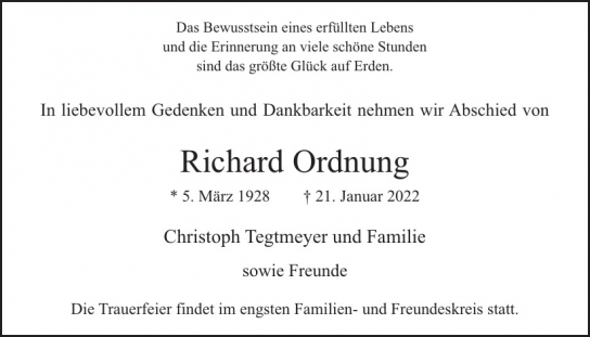 Traueranzeige von Richard Ordnung  von Hamburger Tageszeitungen und Anzeigenblättern der FUNKE Mediengruppe