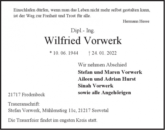 Traueranzeige von Wilfried Vorwerk von Hamburger Tageszeitungen und Anzeigenblättern der FUNKE Mediengruppe