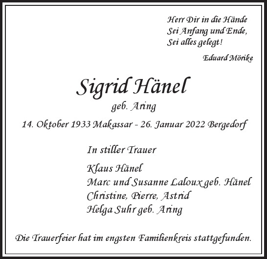 Traueranzeige von Sigrid Hänel von Hamburger Tageszeitungen und Anzeigenblättern der FUNKE Mediengruppe