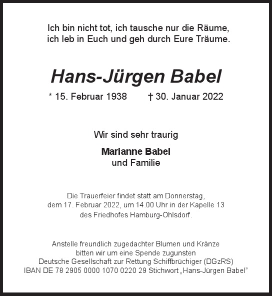 Traueranzeige von Hans-Jürgen Babel  von Hamburger Tageszeitungen und Anzeigenblättern der FUNKE Mediengruppe