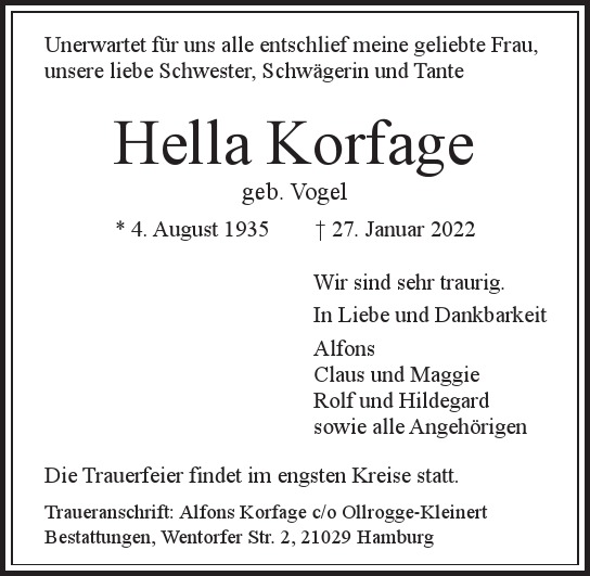 Traueranzeige von Hella Korfage von Hamburger Tageszeitungen und Anzeigenblättern der FUNKE Mediengruppe