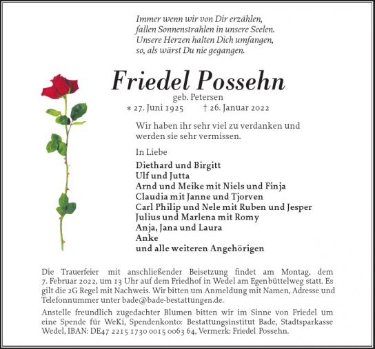 Traueranzeige von Friedel Possehn  von Hamburger Tageszeitungen und Anzeigenblättern der FUNKE Mediengruppe