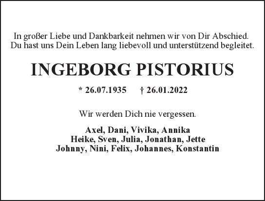 Traueranzeige von INGEBORG  PISTORIUS  von Hamburger Tageszeitungen und Anzeigenblättern der FUNKE Mediengruppe