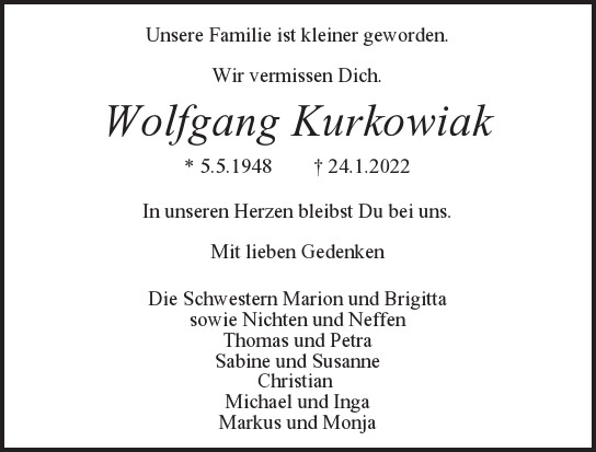 Traueranzeige von Wolfgang Kurkowiak  von Hamburger Tageszeitungen und Anzeigenblättern der FUNKE Mediengruppe