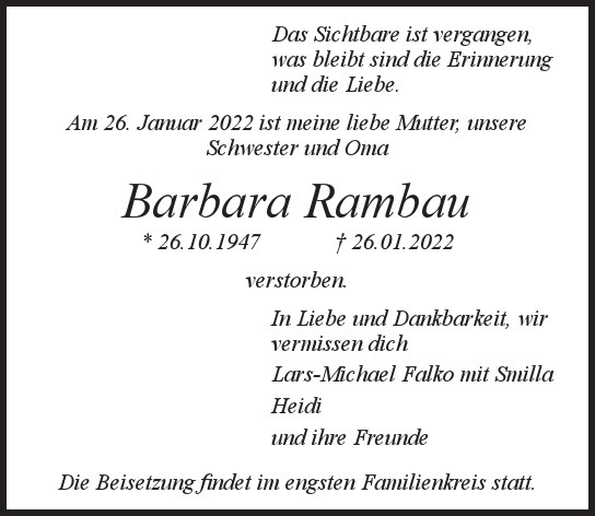 Traueranzeige von Barbara  Rambau  von Hamburger Tageszeitungen und Anzeigenblättern der FUNKE Mediengruppe