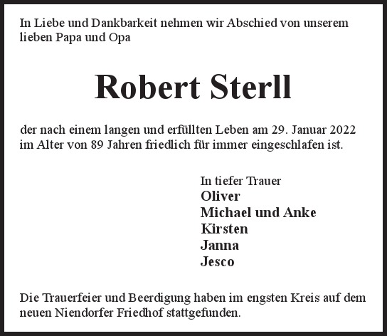 Traueranzeige von Robert Sterll von Hamburger Tageszeitungen und Anzeigenblättern der FUNKE Mediengruppe