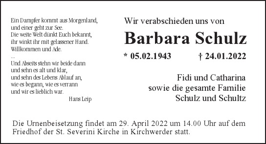 Traueranzeige von Barbara  Schulz  von Hamburger Tageszeitungen und Anzeigenblättern der FUNKE Mediengruppe