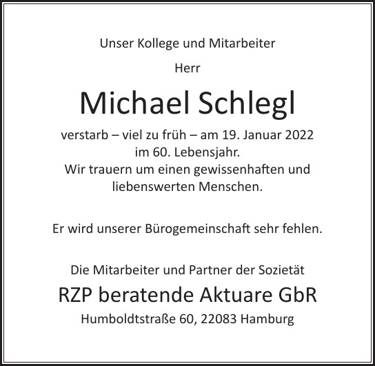 Traueranzeige von Michael  Schlegel von Hamburger Tageszeitungen und Anzeigenblättern der FUNKE Mediengruppe