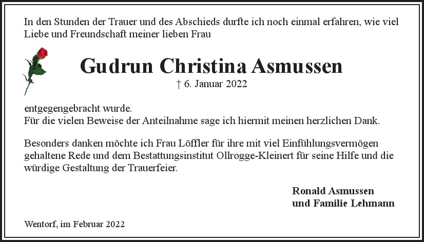  Traueranzeige für Gudrun Christina Asmussen  vom 05.02.2022 aus Hamburger Tageszeitungen und Anzeigenblättern der FUNKE Mediengruppe