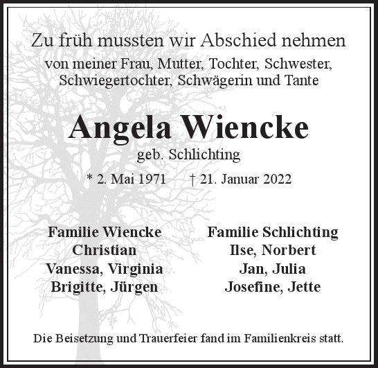 Traueranzeige von Angela Wiencke von Hamburger Tageszeitungen und Anzeigenblättern der FUNKE Mediengruppe